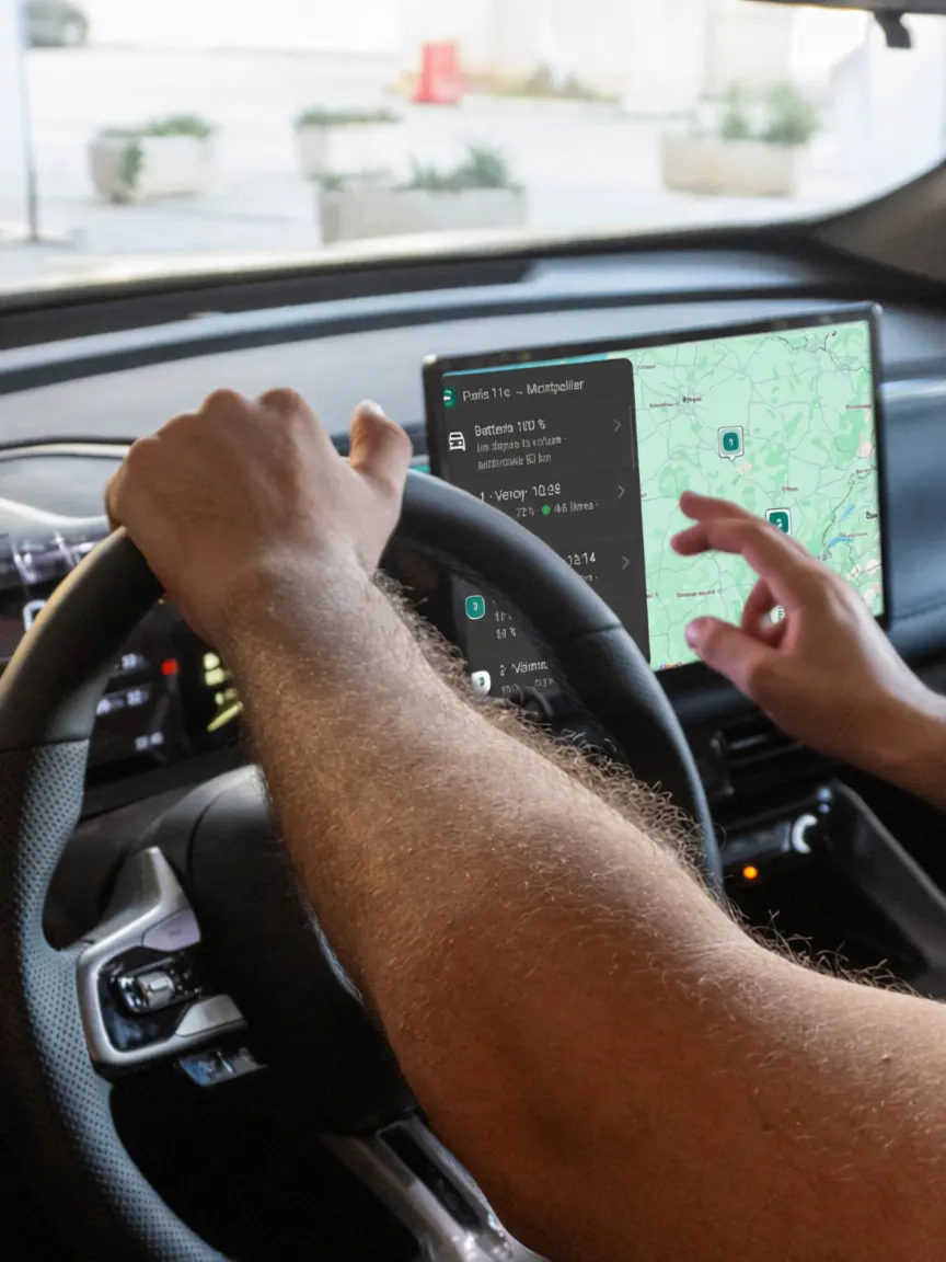 Conducteur au volant, Eleika sur l’écran central de la voiture : trajet Paris 11e → Montpellier, liste des arrêts et carte
