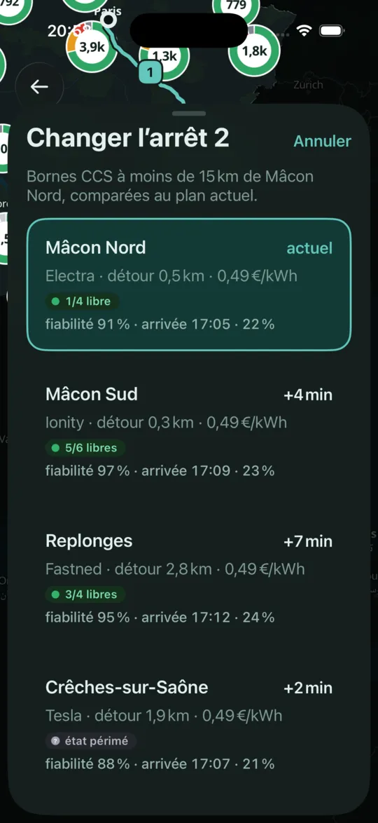 Changer l’arrêt 2 : bornes CCS à moins de 15 km de Mâcon Nord, avec points libres, fiabilité et heure d’arrivée