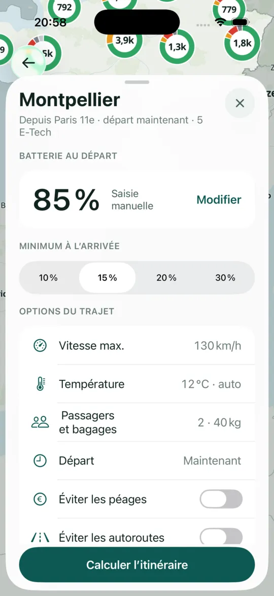 Formulaire de trajet : batterie au départ 85 %, minimum à l’arrivée 15 %, vitesse max. 130 km/h, température auto