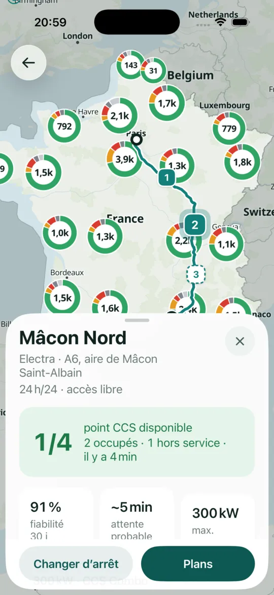 Fiche d’une borne dans Eleika : Mâcon Nord, 1 point CCS disponible sur 4, fiabilité 91 %, attente probable 5 min